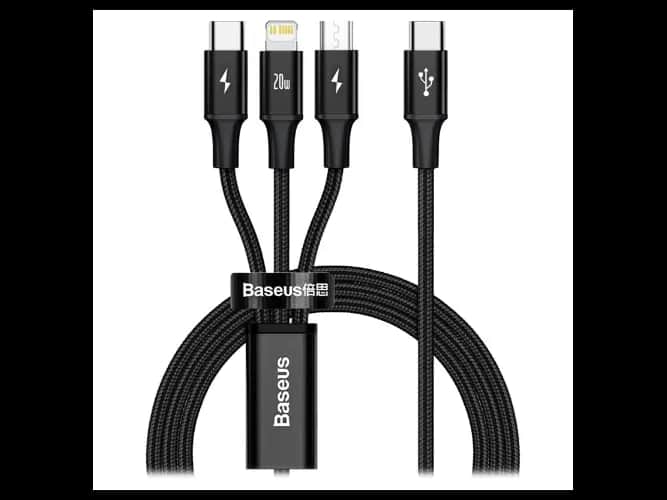 Baseus Rapid 3-in-1 USB Type-C Cable – Lightning, USB-C, Micro USB, PD 20W, 3A, 2A – 1.5m – CAMLT-SC01- 6 Months Warranty