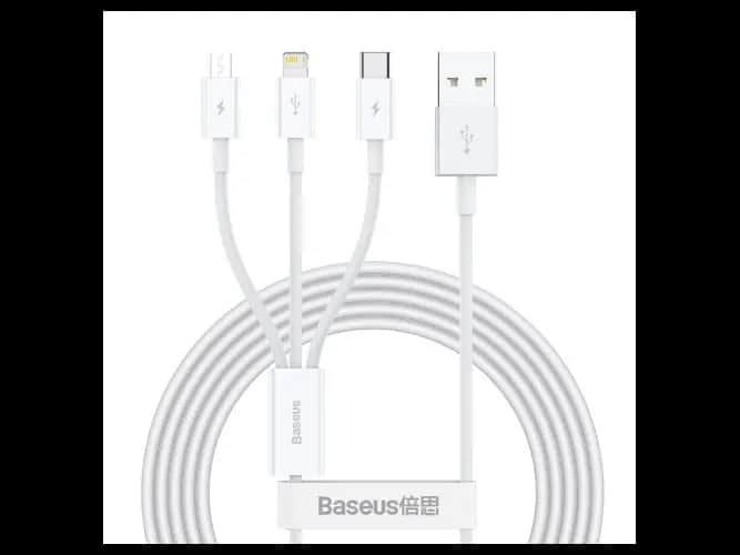 Baseus M+L+C 3.5A 1.5m Superior Series Fast Charging Data Cable White – CAMLTYS-02 – 6 Months Warranty