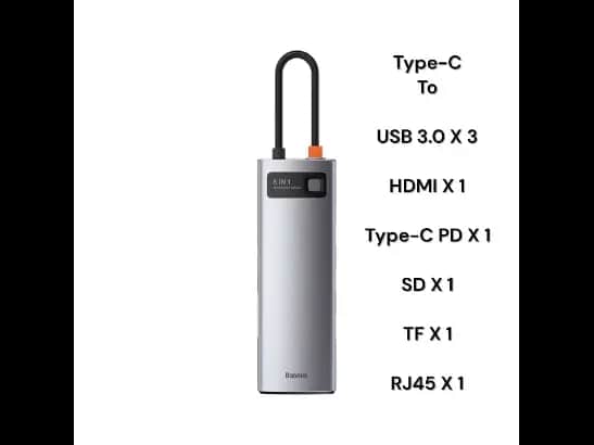 Baseus 8-in-1 Star Joy Series Multifunctional Type-C HUB Docking Station Gray (Type C to USB 3.0*3 / HDMI*1 / RJ45 Network 1000MBPS*1 / SD& TF card reader / Type C PD*1)- CAHUB-CV0G- 6 Months Warranty