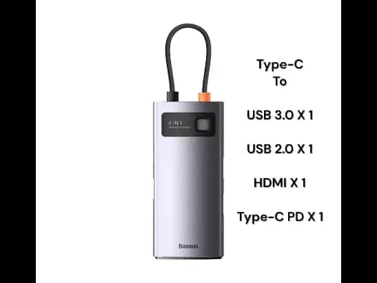 Baseus 4-in-1 Star Joy Series Multifunctional Type-C HUB Docking Station Gray (Type C to USB 3.0*1, 2.0*1 / HDMI *1 / Type C PD *1)- CAHUB-CY0G- 6 Months Warranty