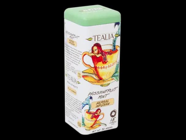 Tealia - Pyramid Tea Bags in Tins- PASSIONFRUIT MINT 15 X 2G