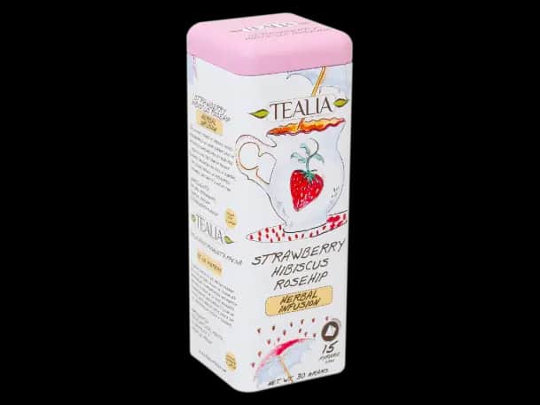 Tealia - Pyramid Tea Bags in Tins- STRAWBWERRY HIBISCUS AND ROSEHIP 15 X 2G