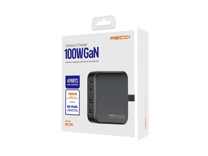 Recci GAN 100W Desktop Charger RC39 – 4 Ports fast charging- Black with 6 Months Warranty