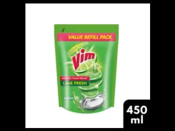 Vim Dishwash Liquid Refill Pouch 450ml - Turbo de greasing lime formula