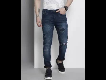 Mid-Wash Slim Fit Distressed Jeans