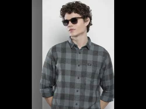 Men Teal Green & Charcoal Grey Cotton Checked Casual Shirt