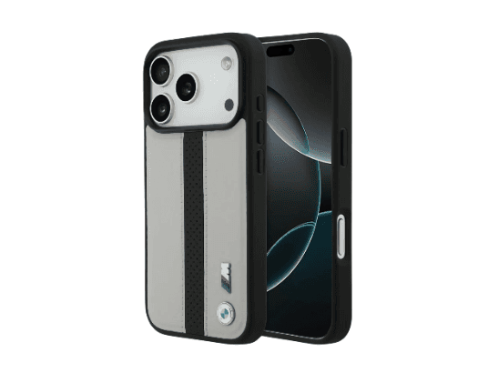 BMW Magsafe PU Perforated Stripes Leather Case for iPhone 17 Pro / 17 Pro Max – Grey/Black