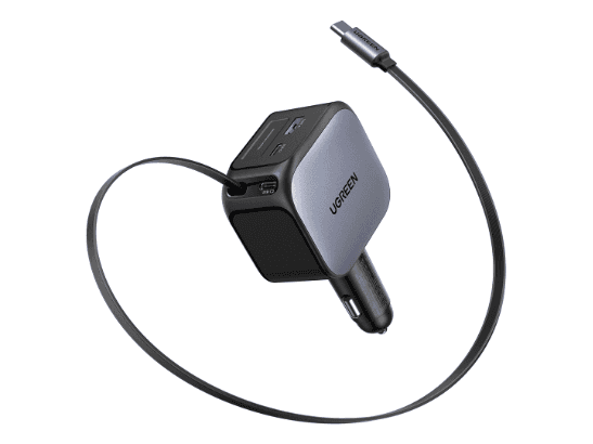 UGREEN 145W Nexode Car Charger with Retractable Cable 2x Type-C+ USB – EC604 – 55910B – 1 Year Warranty