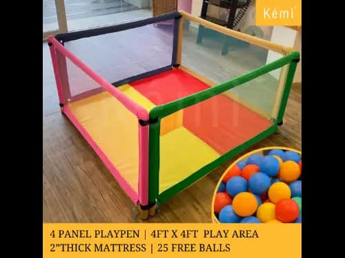 Kemi 4 Panel Baby Playpen with 2 inch Mattress | 4ft x 4ft | Sturdy Frame | 24" (H) x 48" (L)