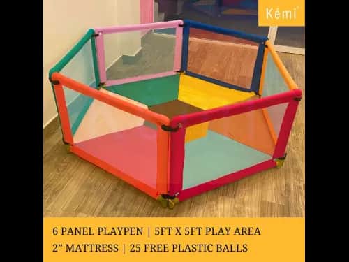 Kemi 6 Panel Baby Playpen with 2 inch Mattress | 5ft x 5ft | Sturdy Frame | 24" (H) x 36" (L) | Export Quality
