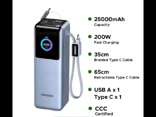 UGREEN 25000mAh – 200W Nexode Pro Power Bank with 35cm Braided Cable + 65cm Retractable Cable – PB728 – 75702B – 1 Year Warranty