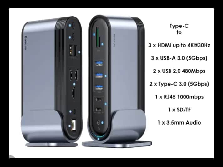Baseus 17 Port Working Station Three-Screen Multifunctional Type-C HUB Adapter (US+EU+UK) Type-C to 3*HDMI up to 4K@30Hz/ 3*USB-A 3.0 (5Gbps)/2*USB 2.0 480Mbps /2*Type-C 3.0 (5Gbps)/1*RJ45 1000mbps /
