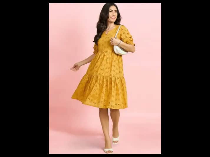 Self Design Puff Sleeves Semi Sheer Schiffli Pure Cotton Fit & Flare Dress