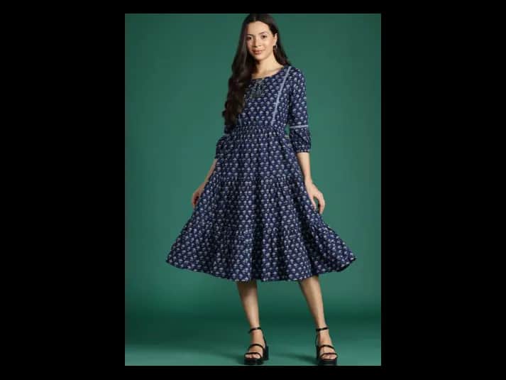 Floral Print Tie-Up Neck Puff Sleeves Fit & Flare Dress