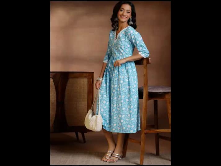 Floral Printed Cotton Fit and Flare Midi Dress