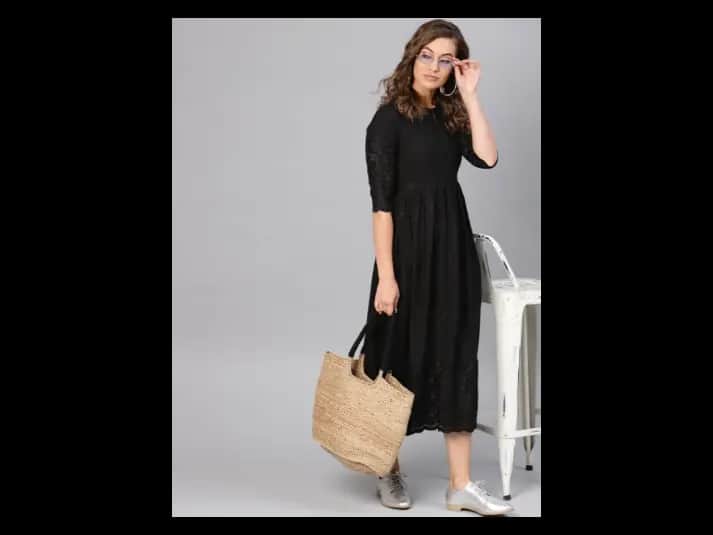 Black Embroidered Ethnic Motifs A-Line Dress