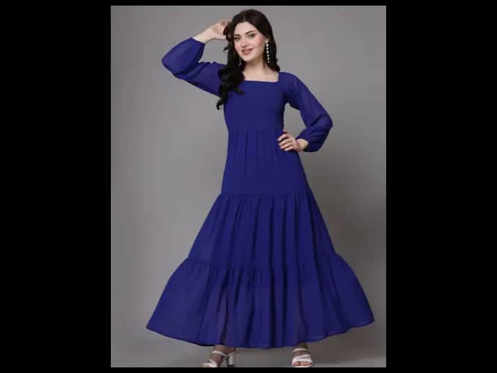 Women Self Design Puff Sleeve Maxi Dress