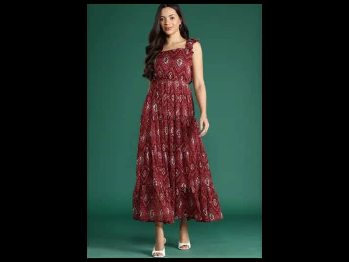 Print Flutter Sleeves Georgette Fit & Flare Maxi Dress