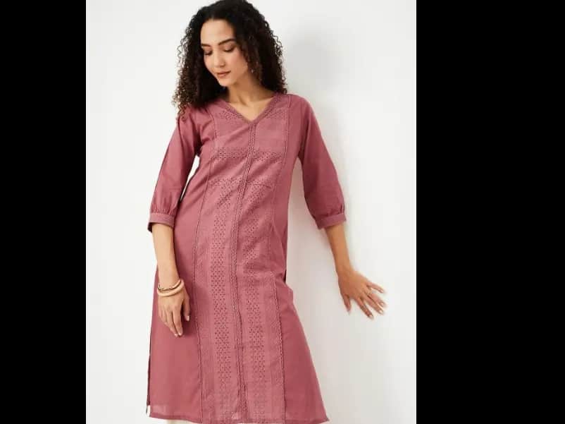 Floral Woven Design V-Neck Straight Cotton Kurta