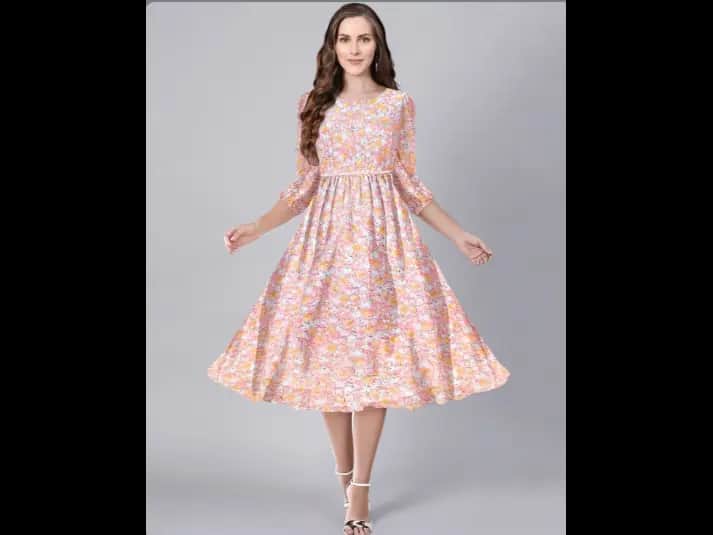 Women Floral Fit & Flared Dress with Round Neck
