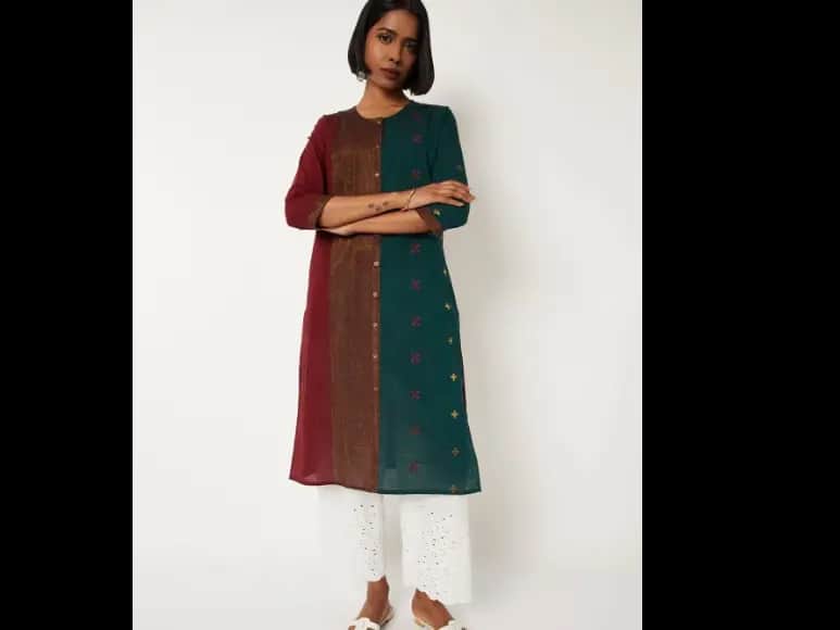 Women Colourblocked Daily Cotton Straight Kurta