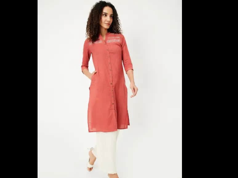 Geometric Woven Design Mandarin Collar Cotton Dobby Straight Kurta