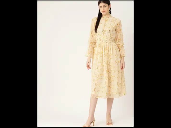 Beige Floral Print Puff Sleeve Fit & Flare Midi Dress