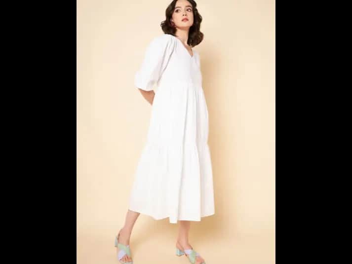 Puff Sleeves Tiered Pure Cotton Fit & Flare Midi Dress