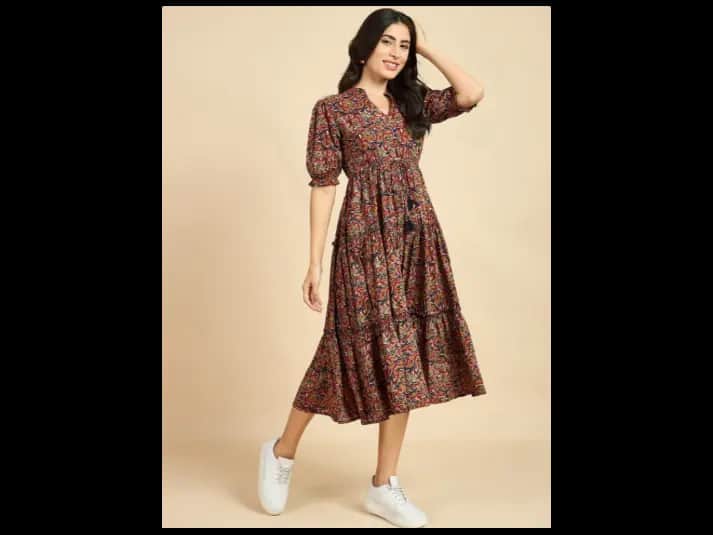Ethnic Motif Print Mandarin Collar Short Puff Sleeves Cotton A-Line Midi Dress