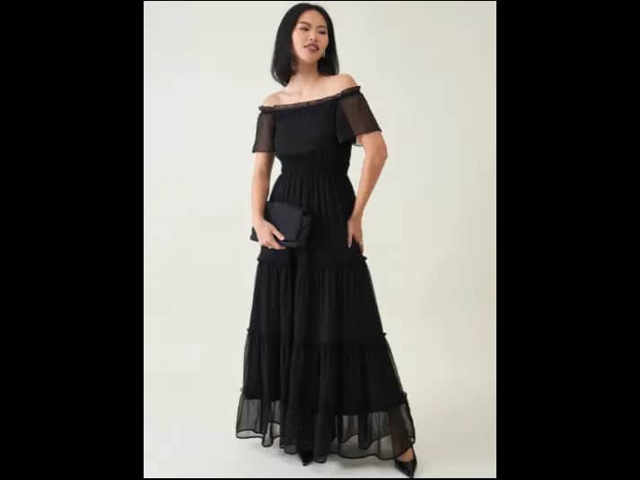 Women Off-Shoulder Tiered Smocked Chiffon Maxi Dress