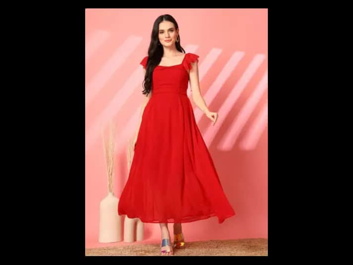 Women Square Neck Flared Sleeves Fit & Flare Maxi Dress