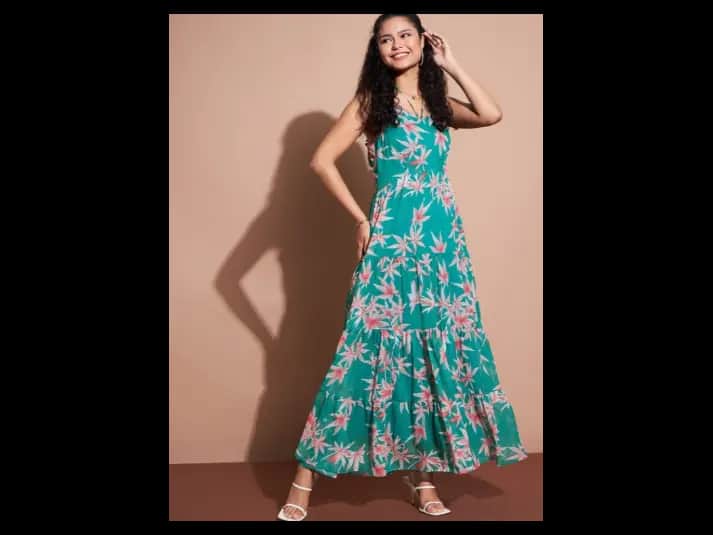 Green Floral Printed Shoulder Straps Maxi Dress