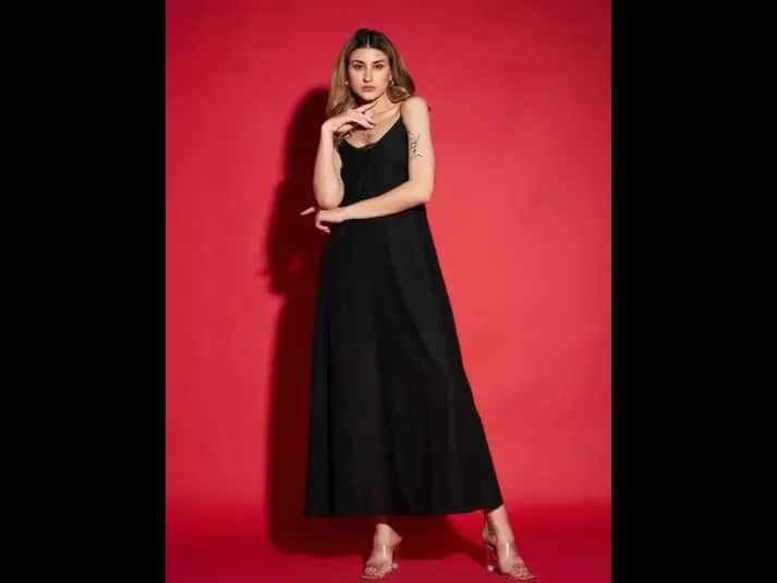 Black Shoulder Straps Schiffli Pure Cotton A-Line Dress