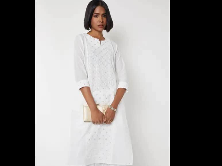 Geometric Embroidered Notch Neck Thread Work Cotton Straight Kurta