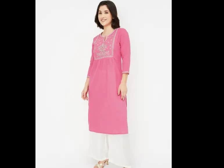 Ethnic Motifs Sequinned Embroidered Notch-Neck Straight Kurta