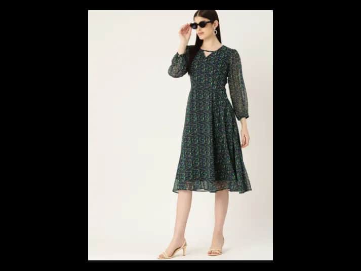 Black & Green Floral Printed Puff Sleeve Chiffon Fit & Flare Midi Dress