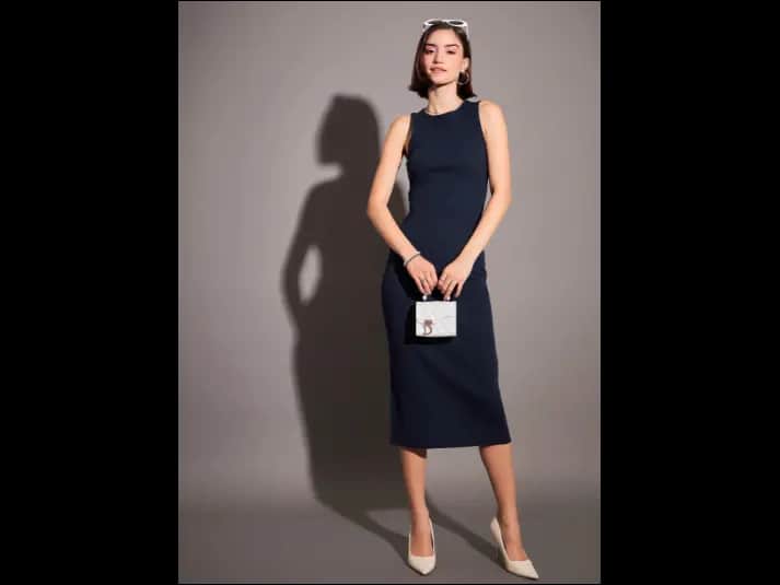 Navy Blue Ribbed Sheath Midi Dress