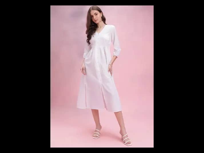 Chevron Puff Sleeves A-Line Midi Dress