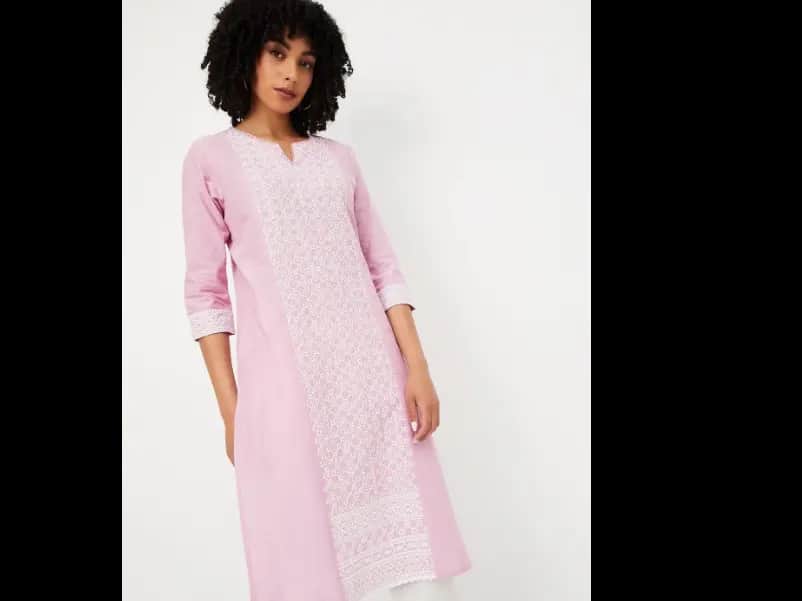 Floral Embroidered Notch Neck Chikankari Cotton Straight Kurta