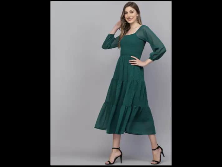 Printed Square Neck Puff Sleeve Georgette Fit & Flare Midi Dress