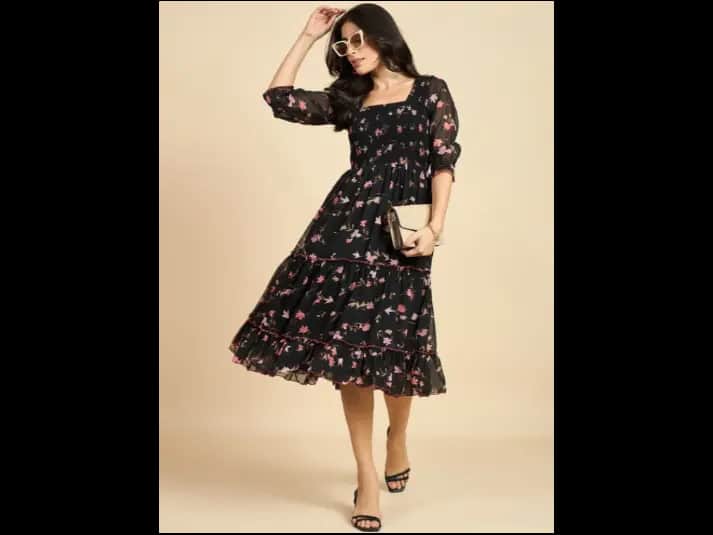 Floral Print Puff Sleeve Georgette Fit & Flare Midi Dress