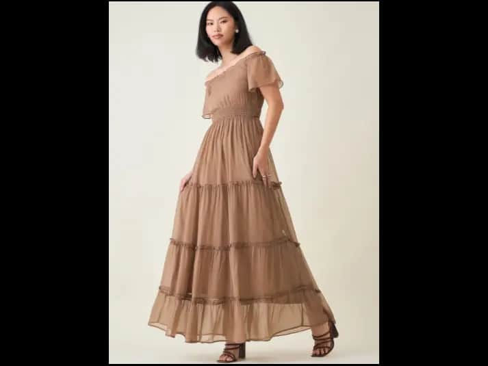 Women Off-Shoulder Tiered Smocked Chiffon Maxi Dress