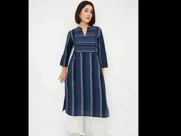 Women Striped Thread Work V-Neck Straight Kurta