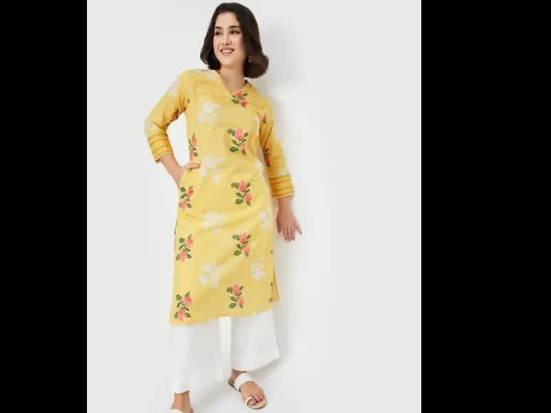 Floral Printed V-Neck Cotton Straight Kurta