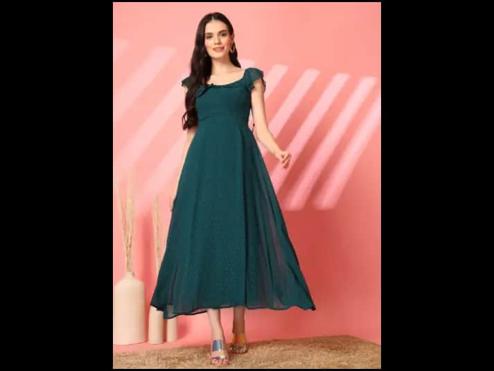 Women Round Neck Flutter Sleeves Fit & Flare Maxi Dress