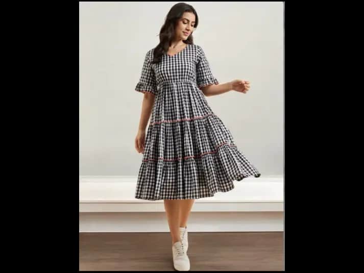 Checked Cotton Empire Puff Sleeve Layered Fit & Flare Midi Dress