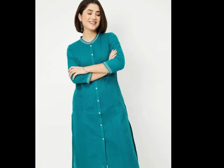 Max Thread Work Band Collar Straight Kurta