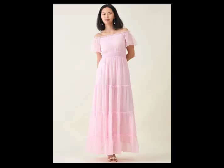 Off-Shoulder Smocked Tiered Chiffon Fit & Flare Maxi Dress