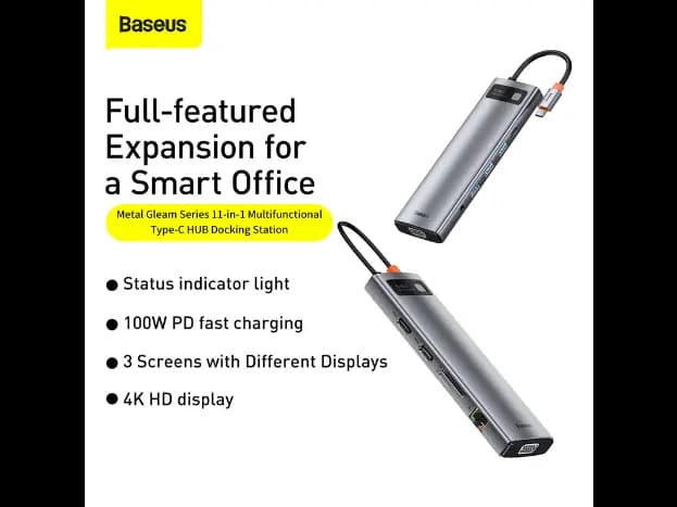 Baseus 11 in 1 Metal Gleam Series Multifunctional HUB (Type C to USB 3.0*3 / HDMI*2 / VGA*1 / RJ45 Network 1000MBPS*1 / 3.5mm Sterio Port*1 / SD& TF card reader / Type C PD*1) – CAHUB-CT0G- 6 Months W (4)