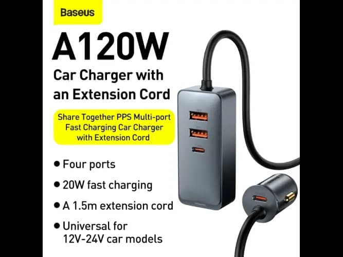 Baseus 120W Share Together PPS Multi-port Fast Charging Car Charger With Extension Cord – CCBT-A0G – 6 Months Warranty (3)